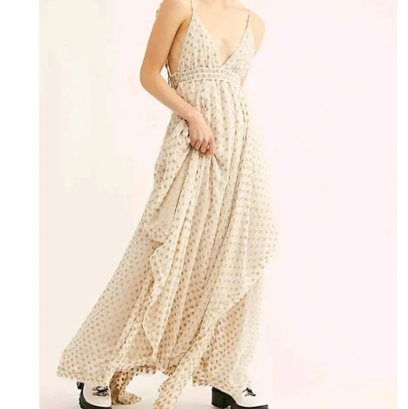 Free People. Meredith Cream and Tan Maxi Dress - Picture 2 of 9